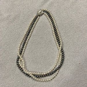 Costume, jewelry, triple pearl necklace, iridescent grey/black and white